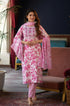 Pink, White Floral Print Viscose Rayon Kurta, Pant And Dupatta Set