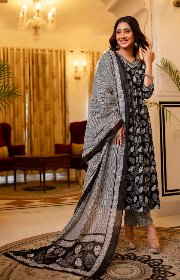 Black And White Printed Viscose Rayon Kurta, Pant And Dupatta