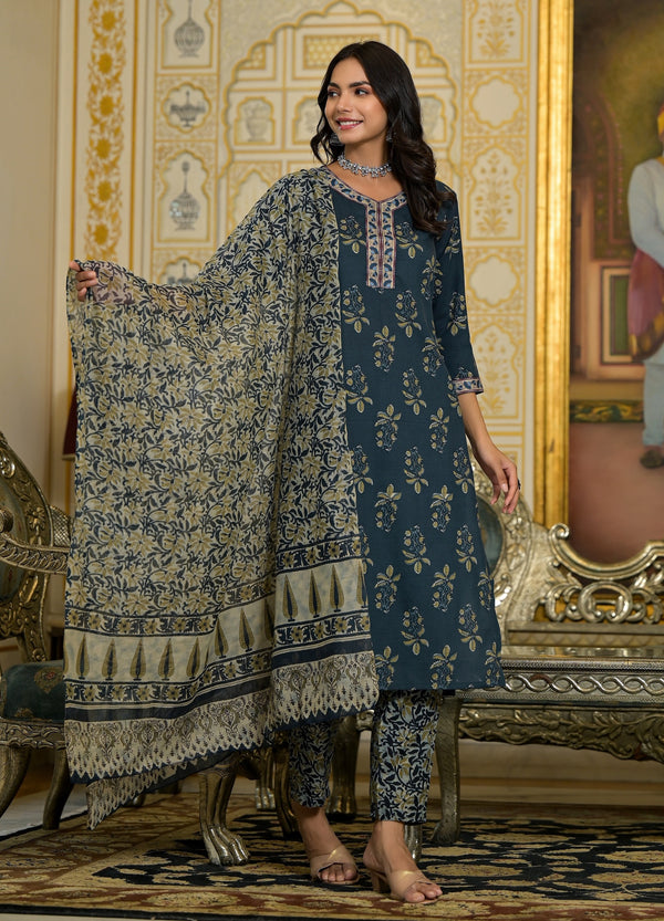 Navy Blue Embroidery Viscose Rayon Kurta, Pant And Dupatta Set