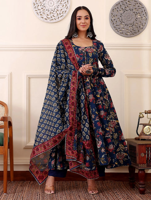 Women Blue Floral Printed Anarkali Kurta Pant Set with Dupatta