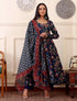 Women Blue Floral Printed Anarkali Kurta Pant Set with Dupatta