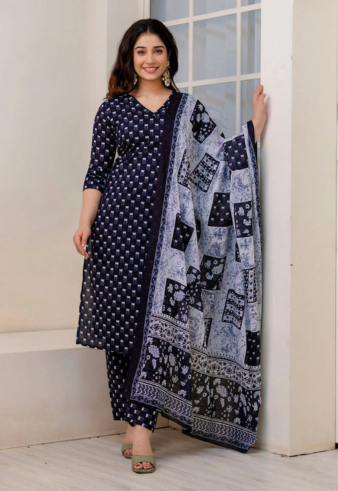 Women Navy Blue Floral Print Straight Kurta Pant With Dupatta Set