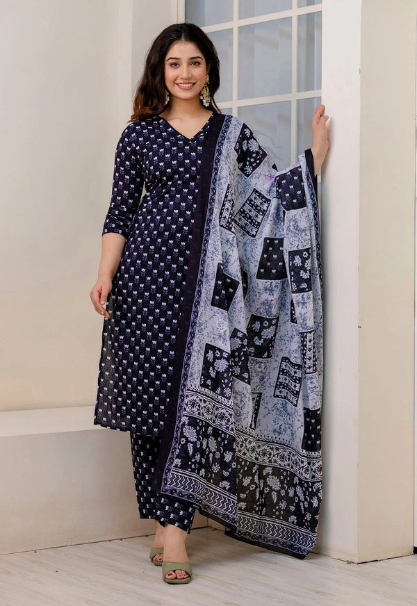 Women Navy Blue Floral Print Straight Kurta Pant With Dupatta Set