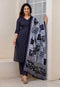 Women Navy Blue Floral Print Straight Kurta Pant With Dupatta Set