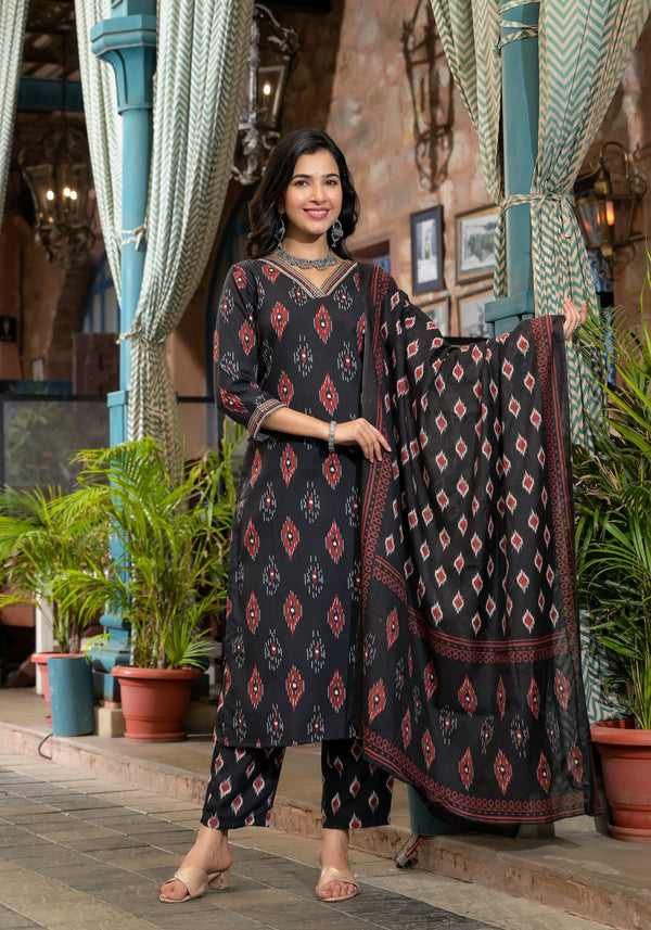 Black Embroidery Viscose Rayon Kurta, Pant And Dupatta Set