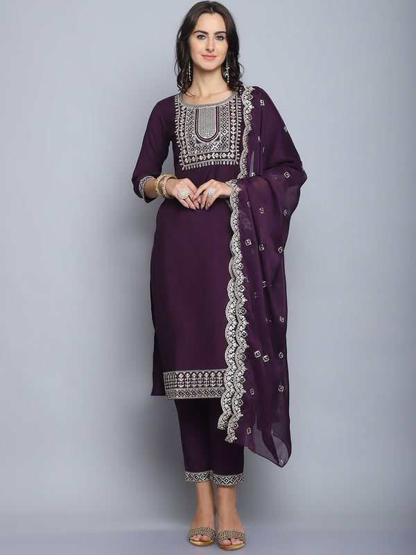 Wine Embroidery silk Kurta And Pant Set With Dupatta