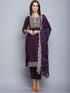 Wine Embroidery silk Kurta And Pant Set With Dupatta