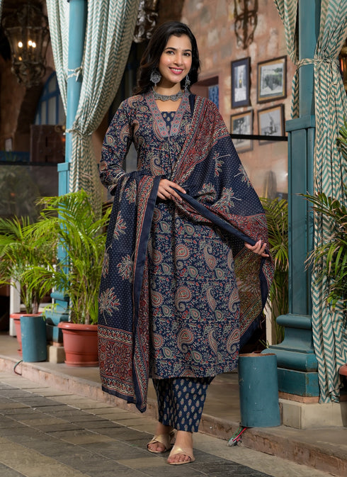 Blue Embroidery Viscose Rayon Kurta, Pant And Dupatta Set