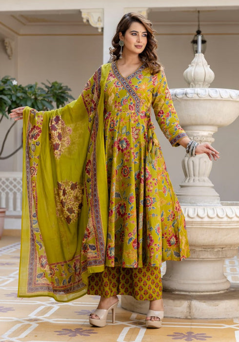 Alvami Women’s Yellow Printed Viscose Angrakha Kurta Set with Dupatta