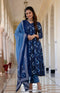 Blue Printed Viscose Rayon Kurta, Pant And Dupatta Set