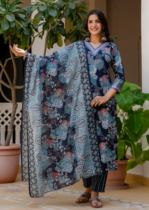 Viscose Blue A-Line Kurta And Pant Set With Dupatta