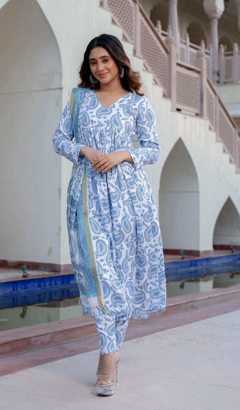 Sky Blue Printed Viscose Rayon Kurta, Pant And Dupatta Set