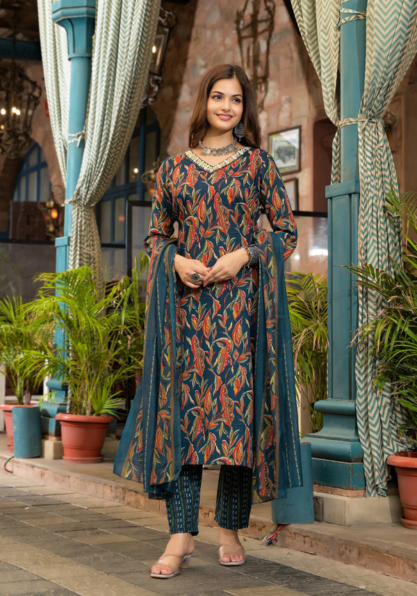 Blue Embroidery Viscose Rayon Kurta, Pant And Dupatta Set