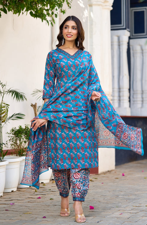 Blue Floral Print, Embellished Viscose Rayon Kurta, Pant And Dupatta Set