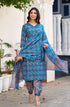 Blue Floral Print, Embellished Viscose Rayon Kurta, Pant And Dupatta Set