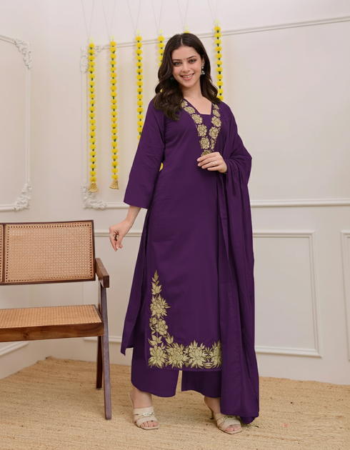 Alvami Women Purple Viscose Straight Kurta with Embroidered Neckline & Pant With Dupatta Set
