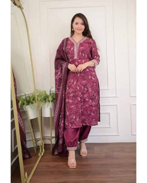 Wine Embroidery Viscose Rayon Kurta, Pant And Dupatta Set