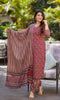 Maroon And White Printed Viscose Rayon Kurta, Pant And Dupatta