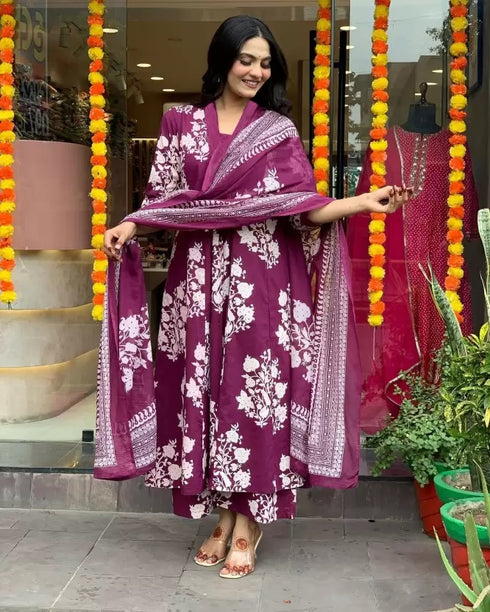 Women's Viscose Block Print Anarkali Kurti with Pant and Printed Dupatta Set