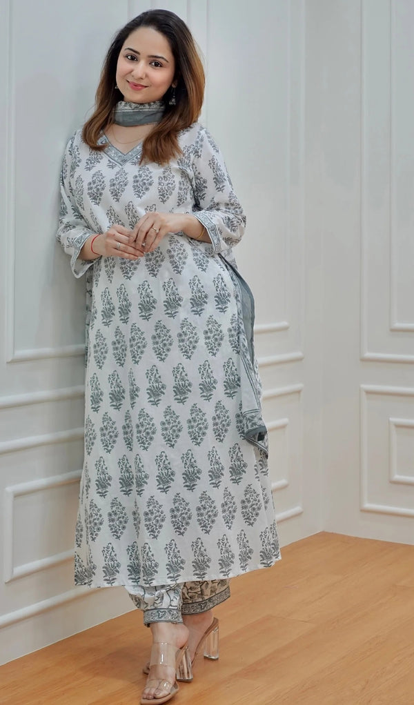 Black, White Printed Viscose Rayon Kurta, Pant And Dupatta Set