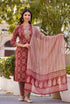 Maroon, Beige Checkered Viscose Rayon Kurta, Pant And Dupatta Set