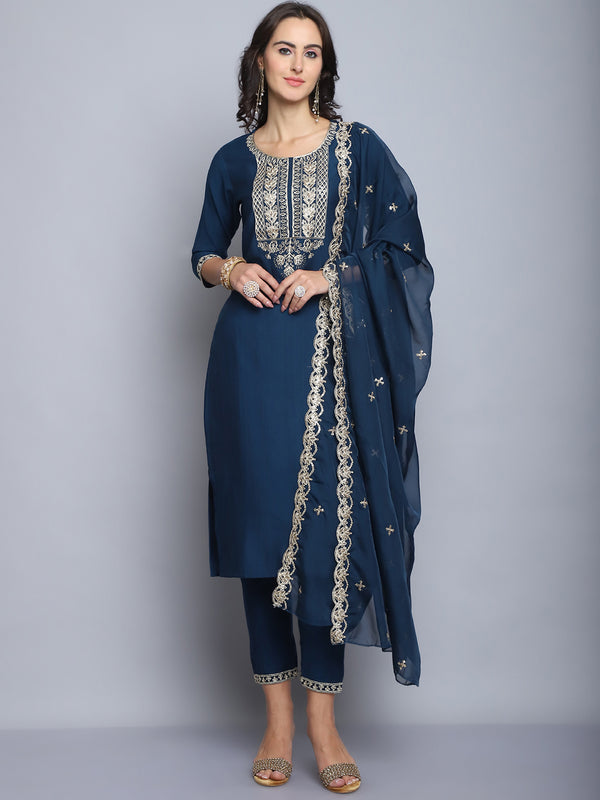 Navy Blue Embroidery silk Kurta And Pant Set With Dupatta