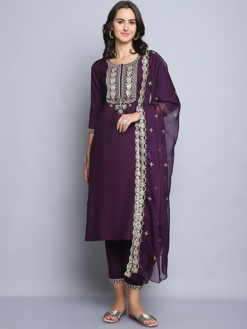 Wine Embroidery silk Kurta And Pant Set With Dupatta