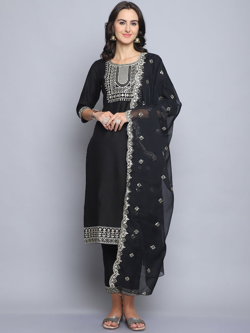 Black Embroidery silk Kurta And Pant Set With Dupatta