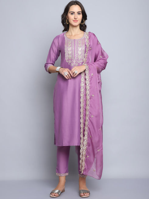 Pink Embroidery silk Kurta And Pant Set With Dupatta