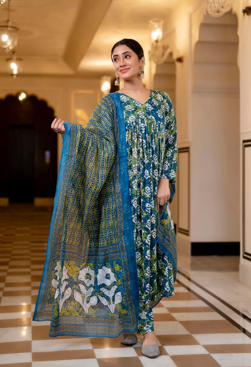 Green And Blue Printed Viscose Rayon Kurta, Pant And Dupatta Set