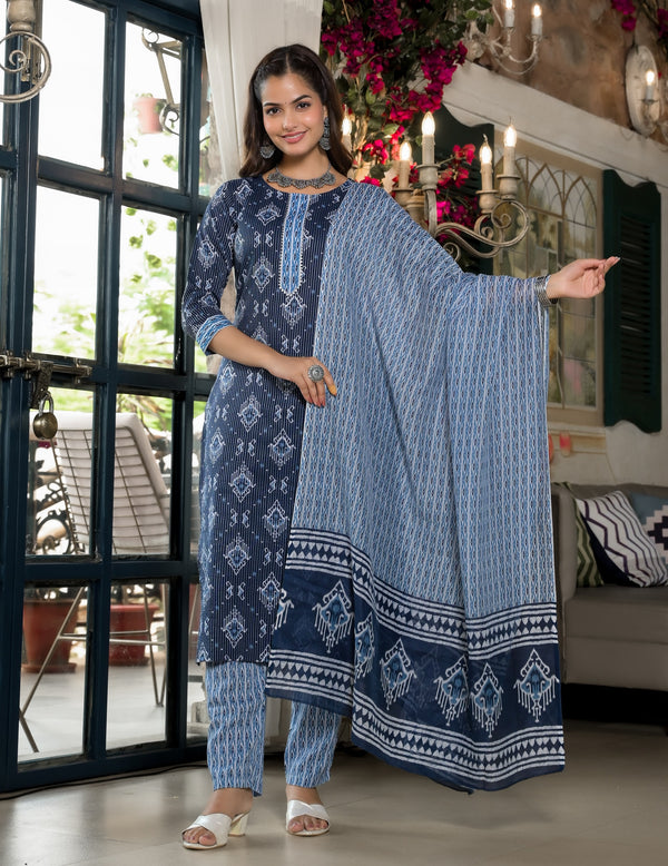 Blue Embroidery Viscose Rayon Kurta, Pant And Dupatta Set