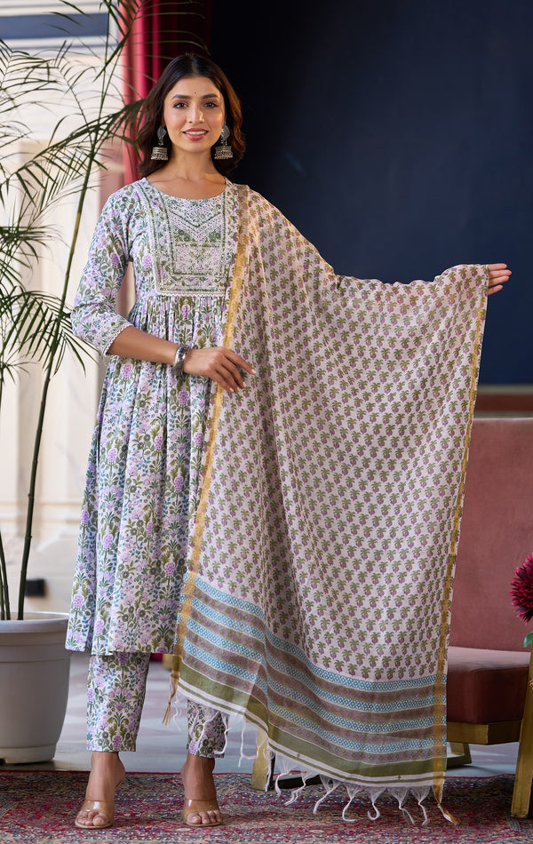 White Printed Pure Cotton Kurta And Pant Set