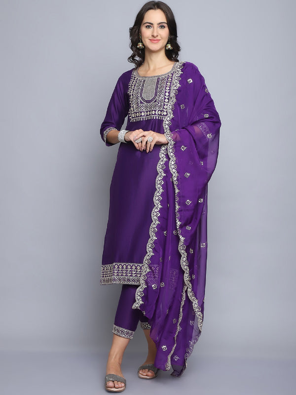 Purple Embroidery silk Kurta And Pant Set With Dupatta