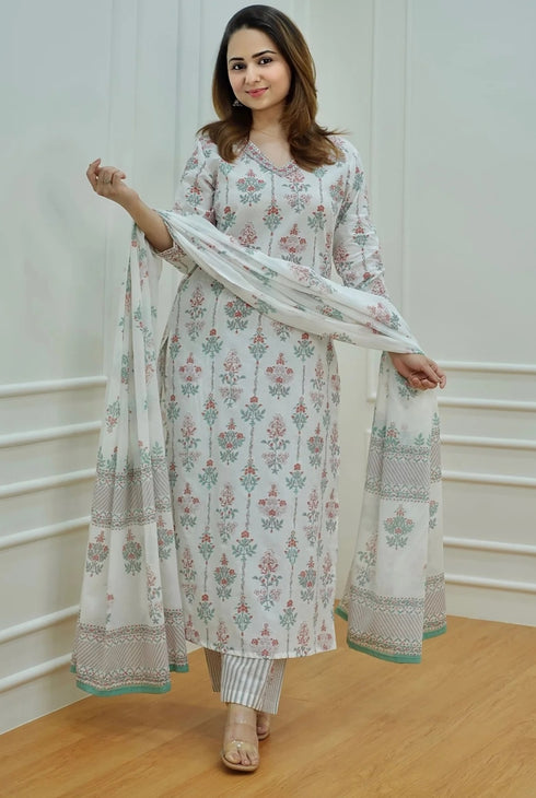 Alvami Women Light Green, Purple, White Printed Viscose Rayon Kurta, Pant And Dupatta Set