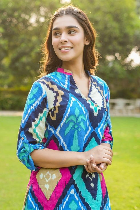 Women Cotton Printed Mandarain Collar Cord Set