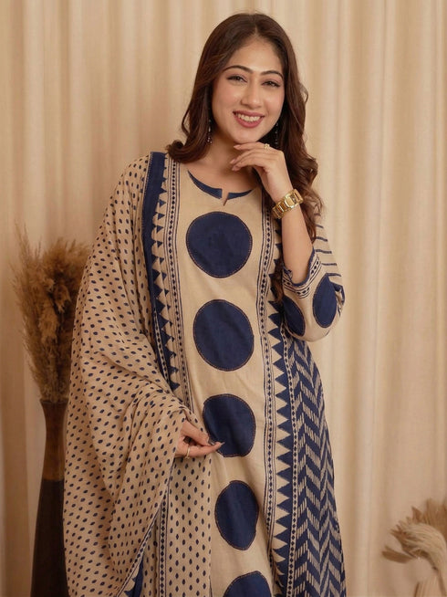 Alvami Women's Morepeach & Beige Printed Viscose Straight Kurta Set with Dupatta | Trendy Ethnic Wear
