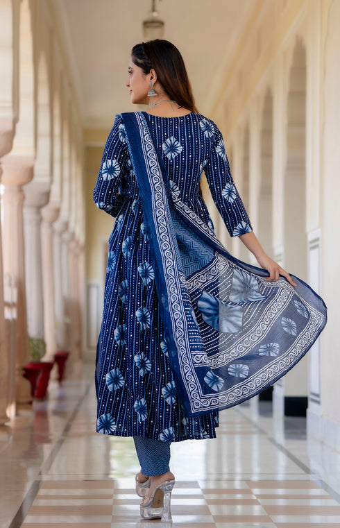 Blue Printed Viscose Rayon Kurta, Pant And Dupatta Set