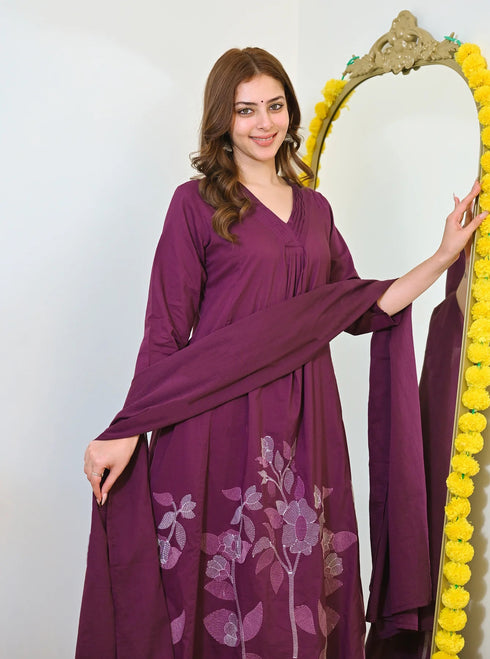 Alvami Women’s Wine Viscose A-Line Kurta with Floral Design & Pant With Dupatta Set