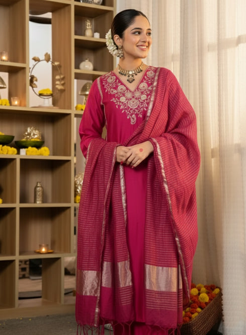 Alvami Women’s Pink Embroidered Straight Silk Kurta Pant With Dupatta Set