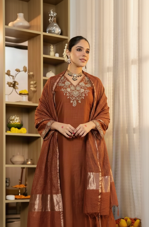 Alvami Women’s Rust Embroidered Straight Silk Kurta Pant With Dupatta Set