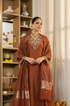 Alvami Women’s Rust Embroidered Straight Silk Kurta Pant With Dupatta Set