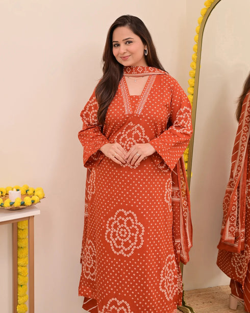 Alvami Women’s Orange Bandhani Print A-Line Kurta Pant With Dupatta Set