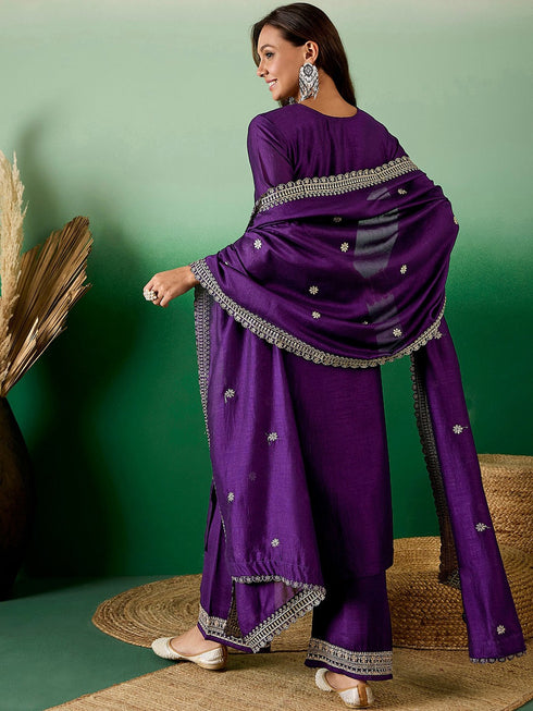 Purple Embroidery silk Kurta And Pant Set With Dupatta