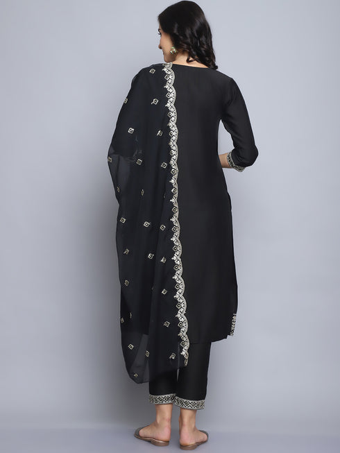 Black Embroidery silk Kurta And Pant Set With Dupatta