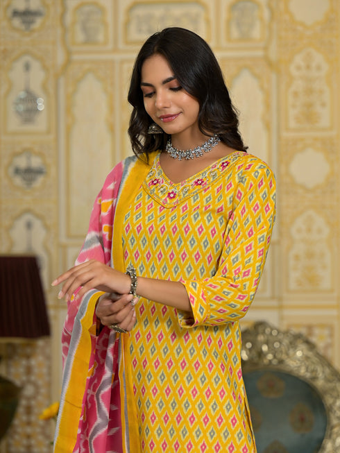 Orange Embroidery Viscose Rayon Kurta, Pant And Dupatta Set