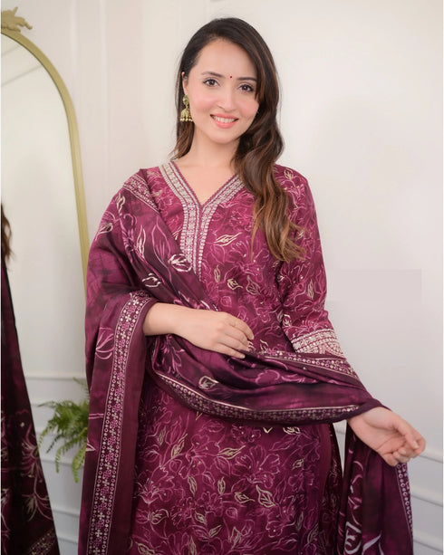 Wine Embroidery Viscose Rayon Kurta, Pant And Dupatta Set