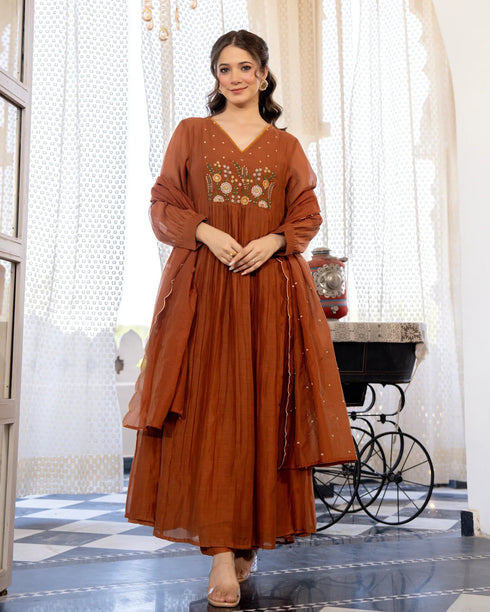 Alvami Women's Rust Embroidered Silk Anarkali Suit Set with Dupatta | Premium Festive Wear