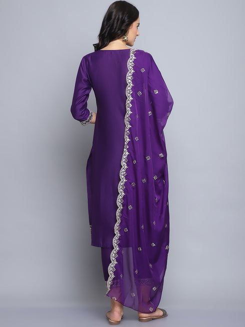 Purple Embroidery silk Kurta And Pant Set With Dupatta