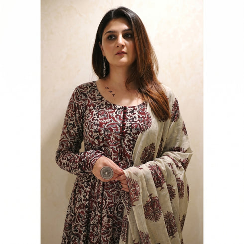 Alvami Women's Maroon & Cream Printed Viscose Anarkali Kurta Pant Set with Dupatta