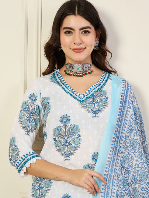 Alvami Women's White Printed Viscose Straight Kurta Pant With Dupatta Set